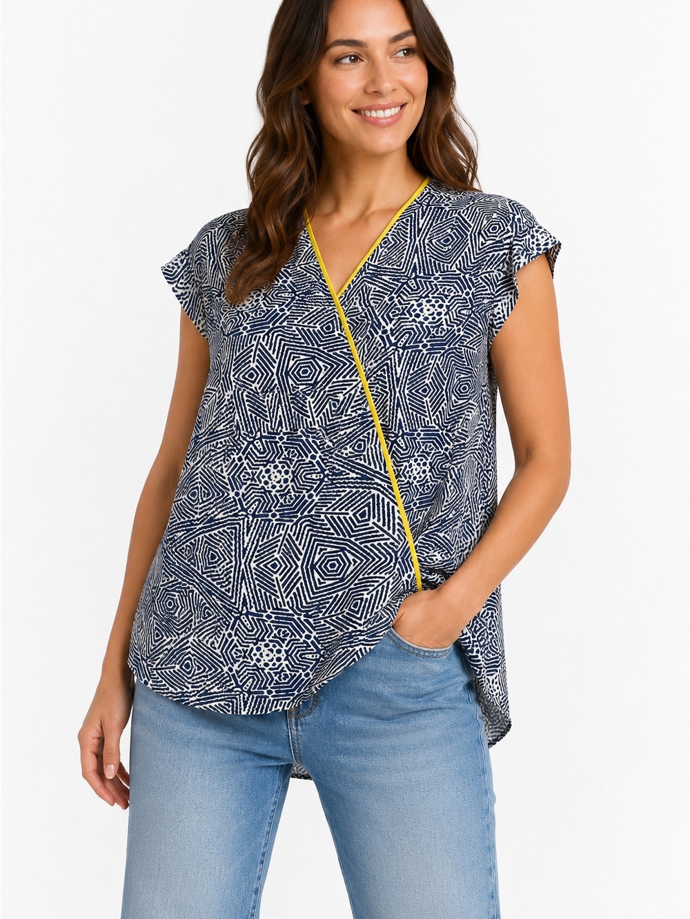 Boden Navy Geometric Print V-Neck Blouse with Yellow Trim
